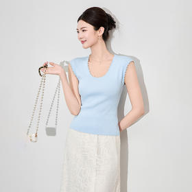 「高货wl」全新升级【铂金会员183/天猫249/差价66】(20247)洛诗琳法式温柔气质U领上衣2025夏季珍珠修身短款针织T恤