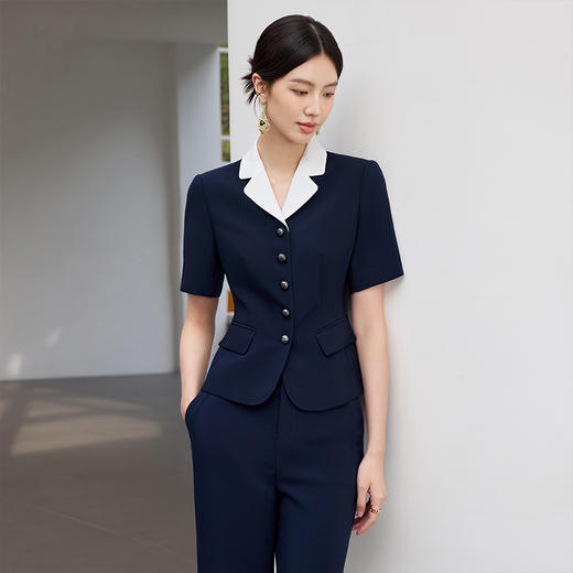 IWY/高级感拼接领西装套装女夏季藏青色商务通勤前台接待职业装25CP792 商品图3