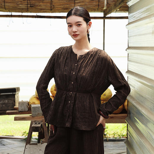 绽放499-508朵/【大山的褶皱】色织亚麻褶皱感开襟衬衫女半腰长裤 商品图1