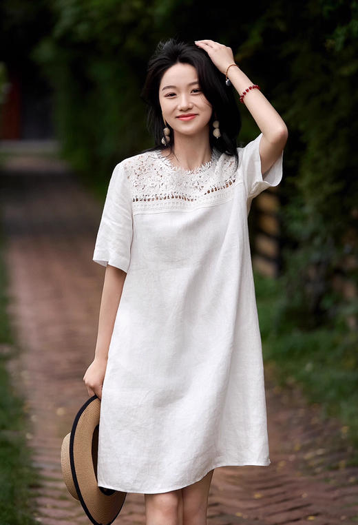 FXA 25831 苎麻蕾丝圆领直筒裙 商品图5