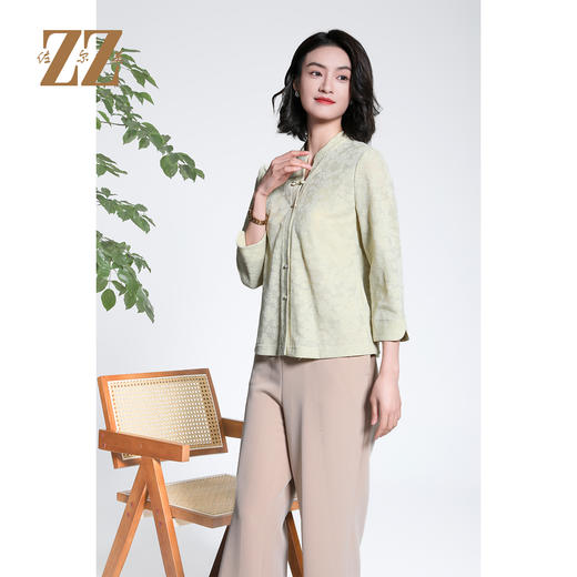 佐尔美中式提花立领盘扣七分袖优雅知性针织工艺衫女M43CC17 商品图3