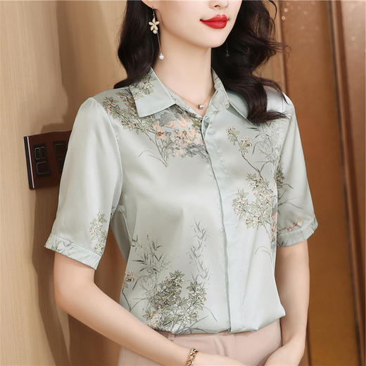 XY34780高品质舒适透气减龄中年女真丝上衣女桑蚕丝衬衫新款中国风小衫夏 商品图1