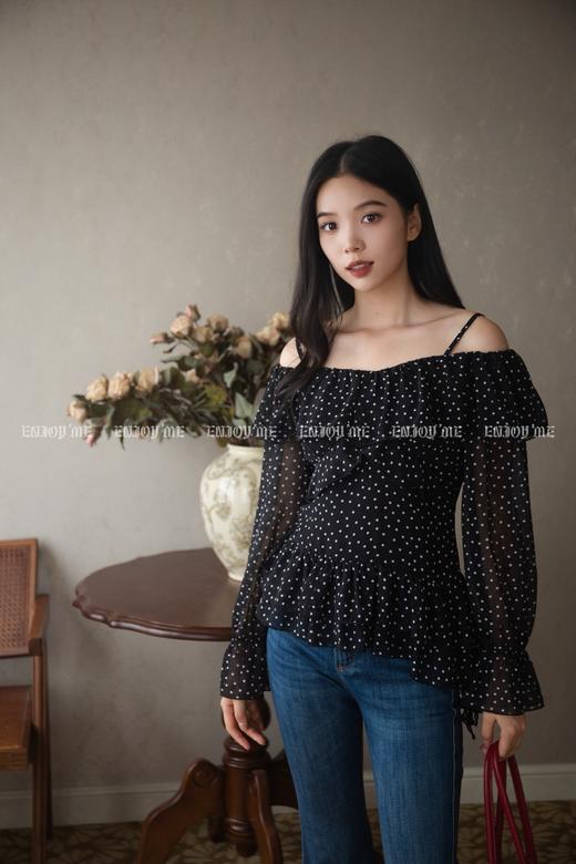 【门店同款】ENJOY秋季“谧色花颂”一字肩波点上衣 164344125 商品图1