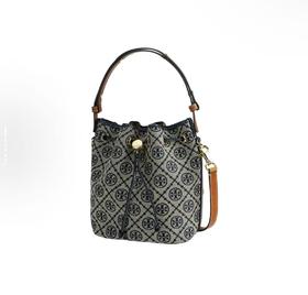 新版小号 中号TORY BURCH T Monogram 老花满印抽绳开合双T标识 棉拼皮革饰边 水桶包单肩斜挎手提包 小号 中号女款 海军蓝(CB)