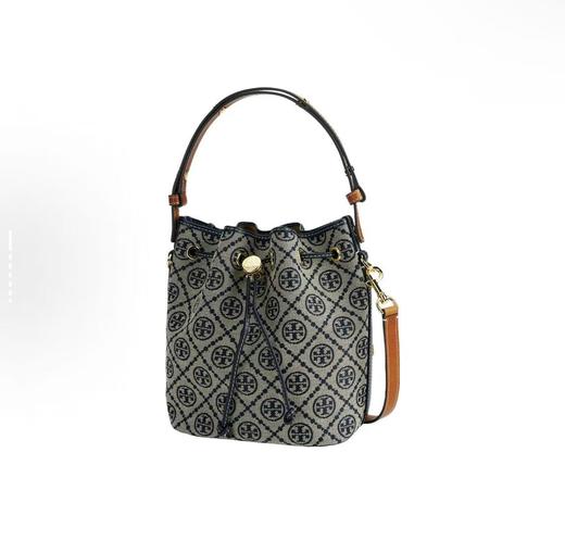 新版小号 中号TORY BURCH T Monogram 老花满印抽绳开合双T标识 棉拼皮革饰边 水桶包单肩斜挎手提包 小号 中号女款 海军蓝(CB) 商品图0