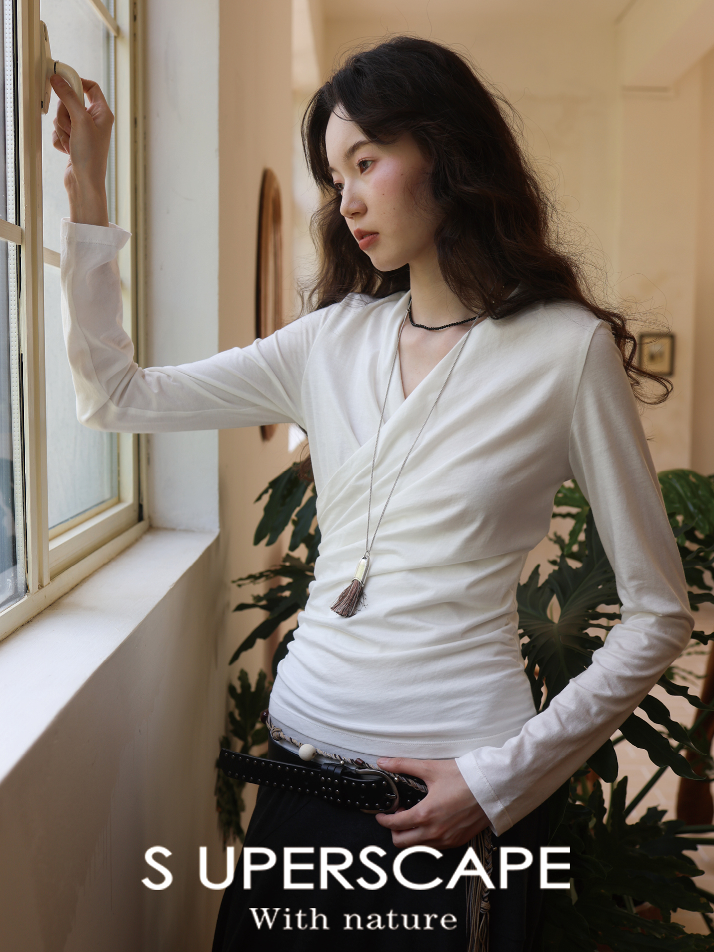 【8/6新品】素舶莫代尔羊毛混纺v领堆褶收腰显瘦长袖上衣