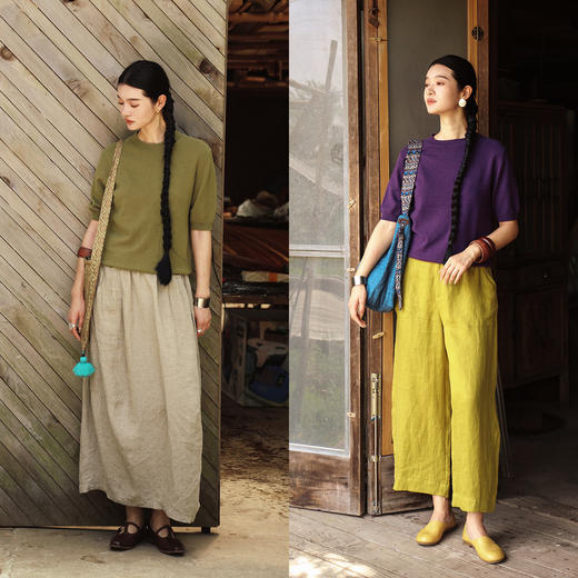 绽放旅行女装525朵/【大山的褶皱】纯羊毛圆领短袖套头毛针织衫女 商品图3