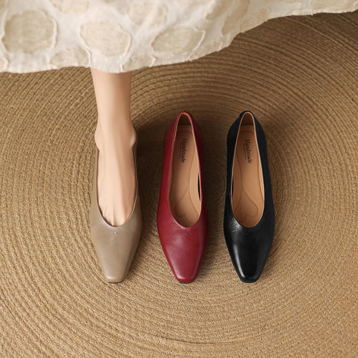 【预售5天】法式气质方头浅口单鞋，通勤百搭高跟鞋真皮粗跟工作鞋LD&7428 商品图3