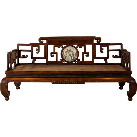 清	红木镶云石攒接拐子纹三围屏罗汉床 商品图5