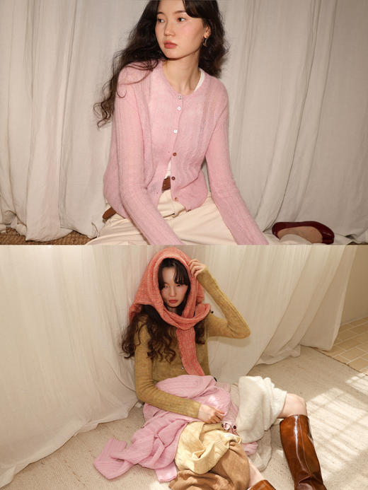 【8/6新品】素舶空气感软糯绞花光泽贝壳扣多色羊驼毛针织开衫 商品图2