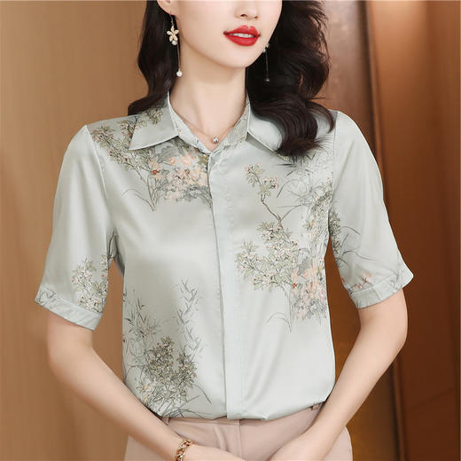 XY34780高品质舒适透气减龄中年女真丝上衣女桑蚕丝衬衫新款中国风小衫夏 商品图0