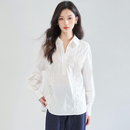 「高货sh」全新升级【铂金会员247/天猫329/差价82】(95902)洛诗琳法式镂空蕾丝花边拼接衬衫2025夏季简约气质V领上衣 商品图2