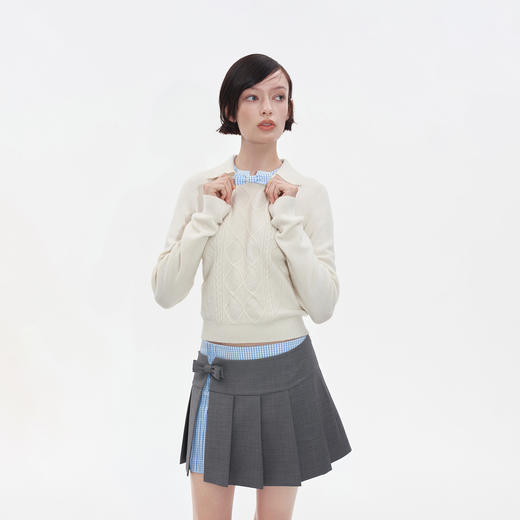 HERLIAN2025年秋季新品女士格纹拼接设计娃娃领针织衫毛衣 商品图4