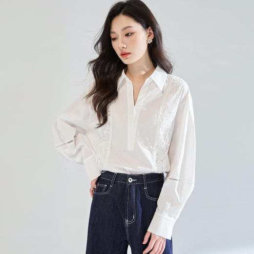 「高货sh」全新升级【铂金会员247/天猫329/差价82】(95902)洛诗琳法式镂空蕾丝花边拼接衬衫2025夏季简约气质V领上衣 商品图1