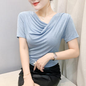 KQL311H9070V领收腰显瘦网纱短袖女2025年夏季新款纯色百搭小衫褶皱修身T恤潮