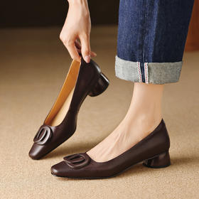 【预售5天】软羊皮软底不累脚法式单鞋女夏新款配裙子真皮棕色透气中跟鞋LG&2531-1323