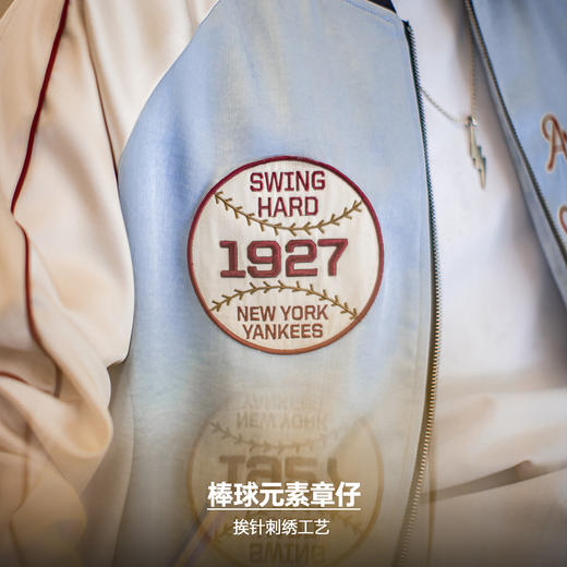 马登工装美式复古刺绣横须贺棒球服夹克拼接痞帅缎面外套短款男秋 商品图3