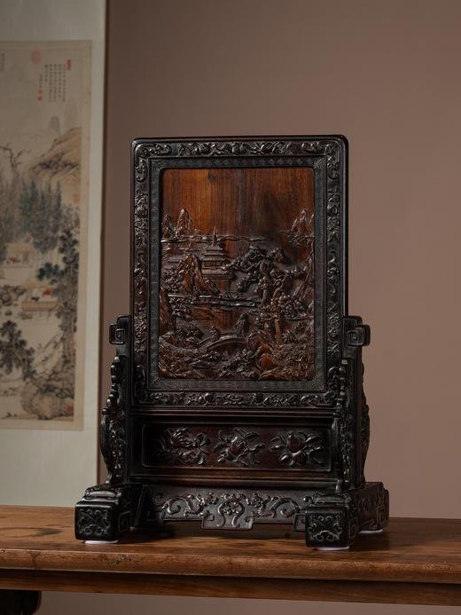 清中期	红木满工雕携琴访友山水人物插屏 商品图2