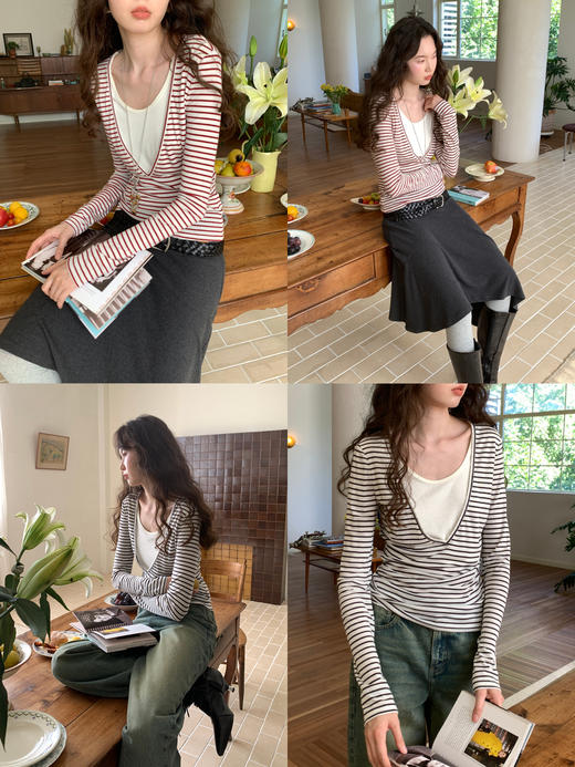 【8/6新品】素舶羊毛莱赛尔条纹撞色收腰显瘦捏褶假两件长袖上衣 商品图2