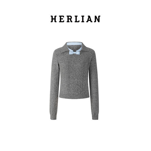 HERLIAN2025年秋季新品女士格纹拼接设计娃娃领针织衫毛衣 商品图0