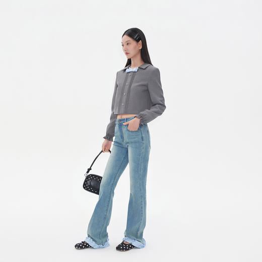 HERLIAN2025年秋季新品女士短外套格纹拼色蝴蝶结装饰娃娃领上衣 商品图1