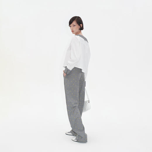 HERLIAN2025年秋季新品女士格纹刺绣斜领露肩长袖衬衫 商品图2