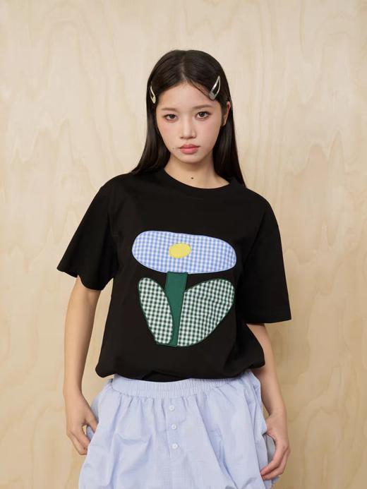 MoodLikeMe/MTX2549/格纹花朵贴布绣短袖T恤 商品图2