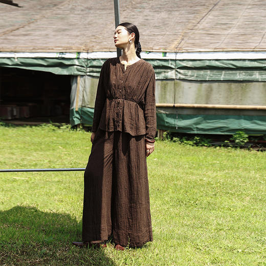 绽放499-508朵/【大山的褶皱】色织亚麻褶皱感开襟衬衫女半腰长裤 商品图0