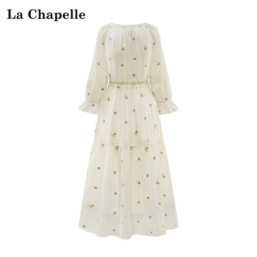 会员福利【精美刺绣~高品质】拉夏贝尔/La Chapelle蕾丝系带流苏抽绳刺绣七分袖收腰褶皱连衣裙 商品图2