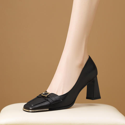 【预售5天】时尚真皮金属方头浅口单鞋女粗跟春秋新款百搭高跟鞋通勤工作鞋H3717 商品图3