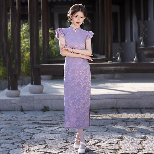 SC21575紫色国风新中式长款旗袍改良年轻款2025新款女复古修身晚礼服夏季 商品图0