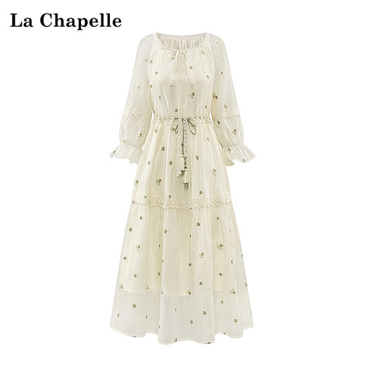 会员福利【精美刺绣~高品质】拉夏贝尔/La Chapelle蕾丝系带流苏抽绳刺绣七分袖收腰褶皱连衣裙 商品图3