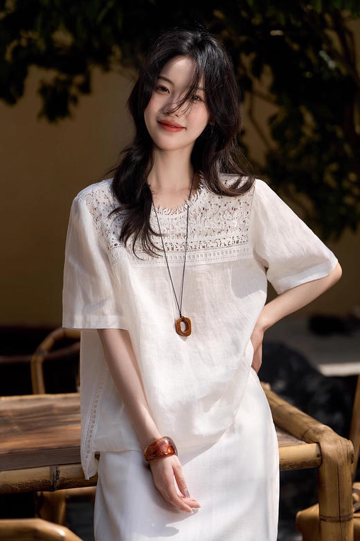 FXA 2583 重工蕾丝圆领短袖 商品图2