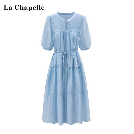 会员福利【莱赛尔天丝】拉夏贝尔/La Chapelle纯色小V领褶皱拼接短袖系带连衣裙夏季2025年新款 商品图5
