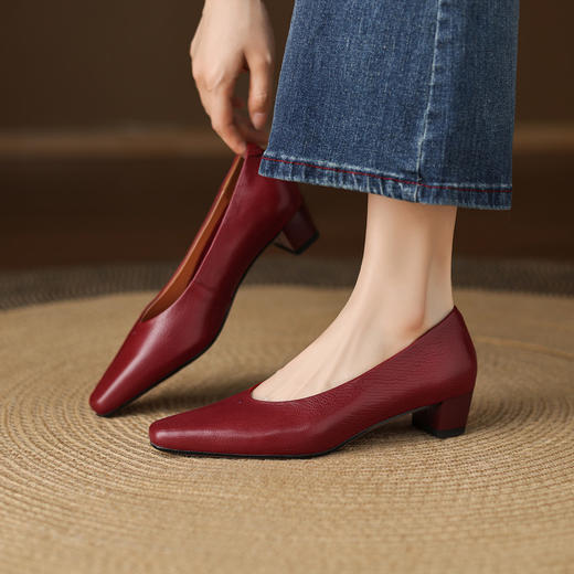 【预售5天】法式气质方头浅口单鞋，通勤百搭高跟鞋真皮粗跟工作鞋LD&7428 商品图0