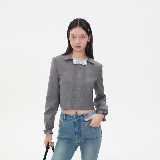 HERLIAN2025年秋季新品女士短外套格纹拼色蝴蝶结装饰娃娃领上衣 商品图2