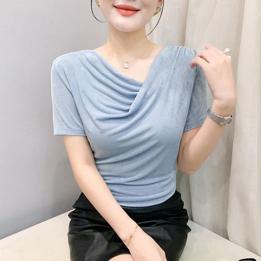 KQL311H9070V领收腰显瘦网纱短袖女2025年夏季新款纯色百搭小衫褶皱修身T恤潮 商品图2