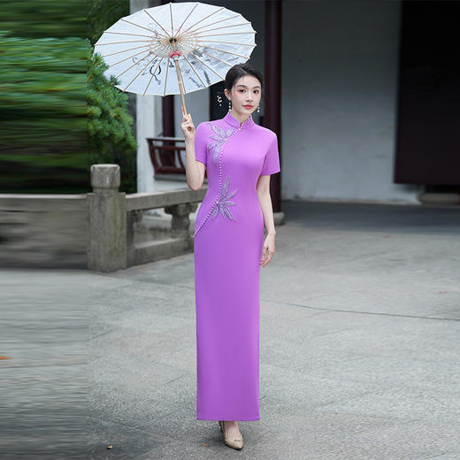 改良优雅旗袍2025年新款紫色气质休闲长款年轻款旗袍裙修身立领女 商品图3