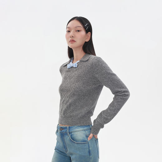 HERLIAN2025年秋季新品女士格纹拼接设计娃娃领针织衫毛衣 商品图2