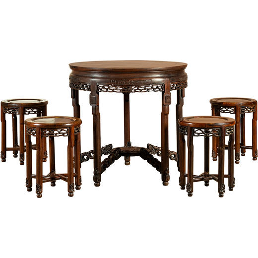 清	红木透雕绳纹圆桌圆凳成套（一桌四凳） 商品图5