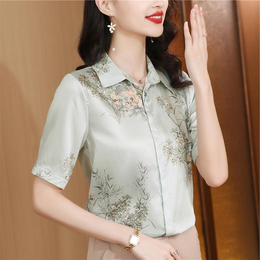 XY34780高品质舒适透气减龄中年女真丝上衣女桑蚕丝衬衫新款中国风小衫夏 商品图2