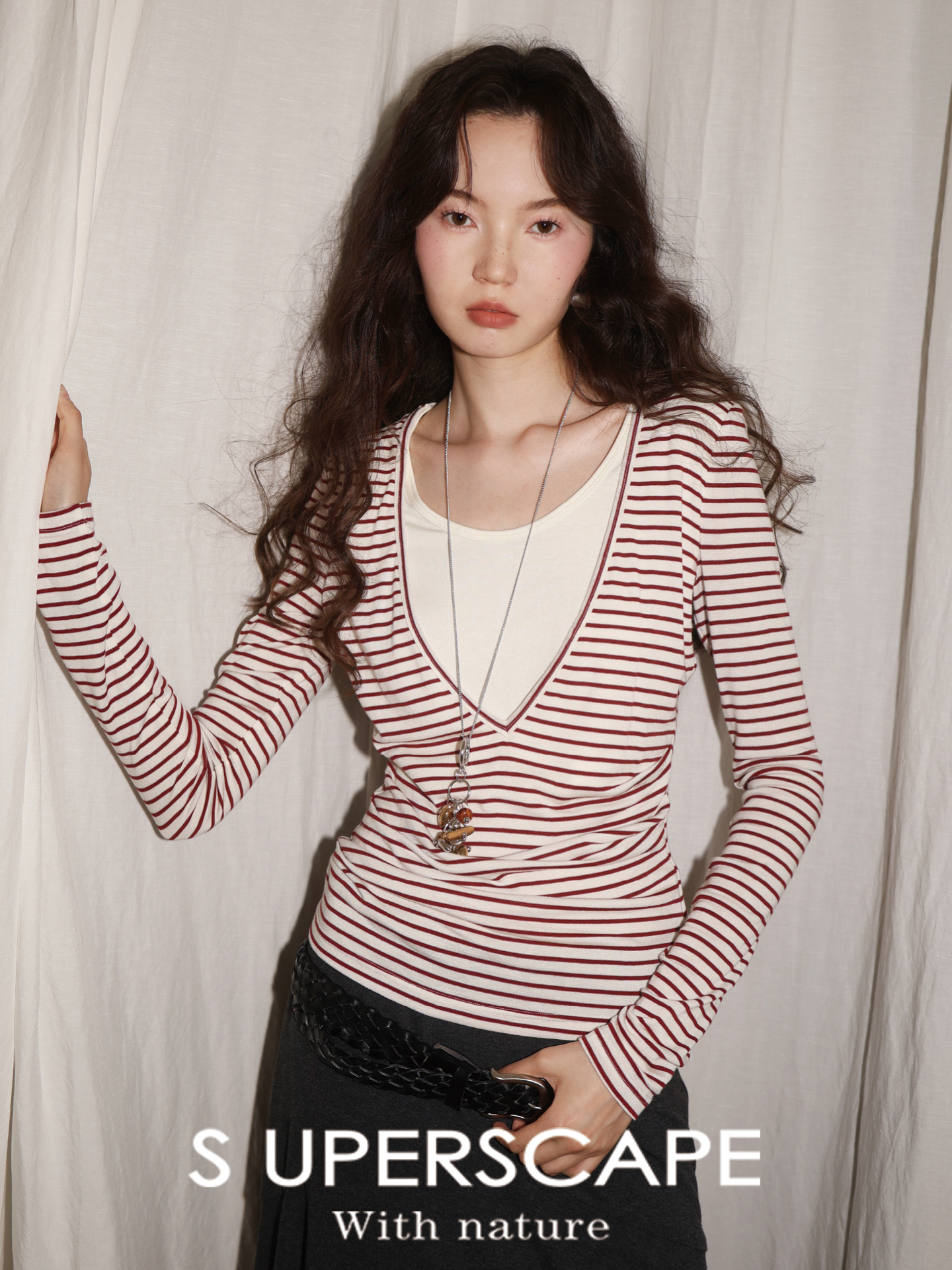 【8/6新品】素舶羊毛莱赛尔条纹撞色收腰显瘦捏褶假两件长袖上衣