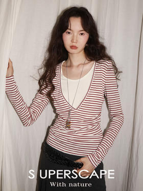 【8/6新品】素舶羊毛莱赛尔条纹撞色收腰显瘦捏褶假两件长袖上衣