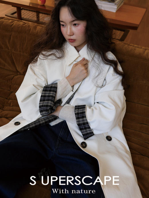 【8/6新品】素舶中空纱廓形中长款风衣 格纹翻领外套 商品图2