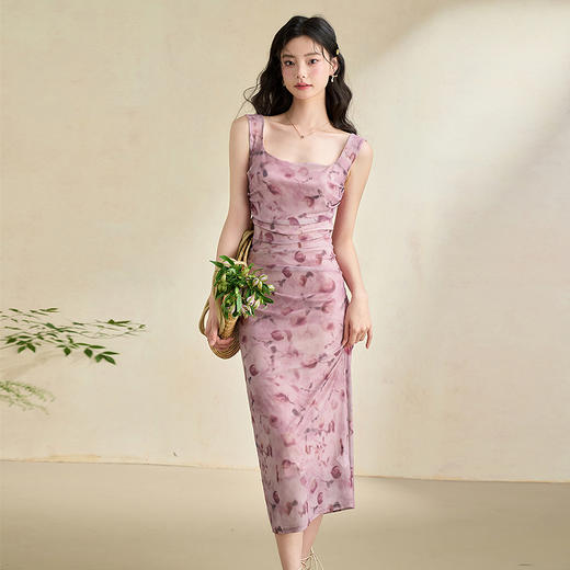 西遇背心连衣裙新款法式复古度假风方领碎花收腰无袖长裙P1341264 商品图0