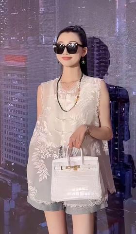 【MYBL】8899双层欧根纱超美新中式刺绣蕾丝边侧开叉马甲-喜出