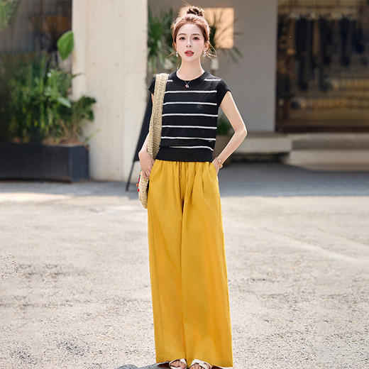 【预售3天】休闲时尚条纹针织上衣高腰阔腿裤套装2025夏季新款高级感两件套ZYI6366 商品图0
