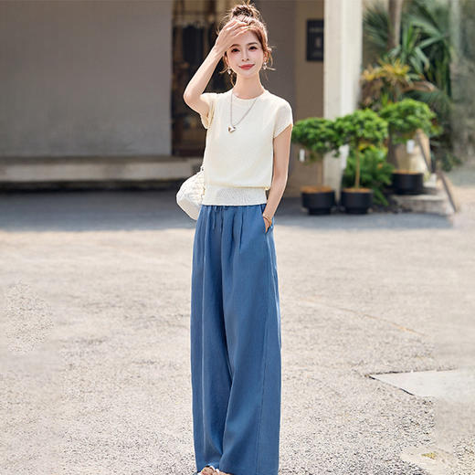 【预售3天】休闲时尚条纹针织上衣高腰阔腿裤套装2025夏季新款高级感两件套ZYI6366 商品图3