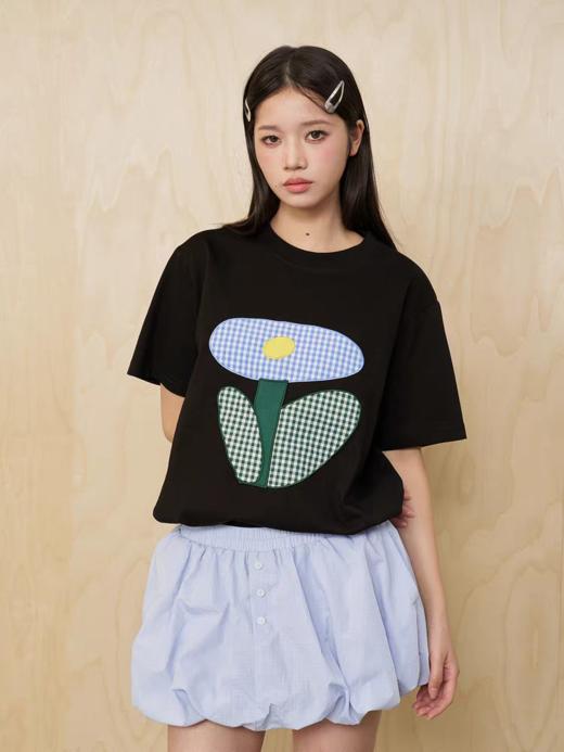 MoodLikeMe/MTX2549/格纹花朵贴布绣短袖T恤 商品图0