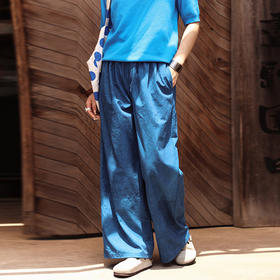 绽放旅行女装483朵/【大山的褶皱】斜纹脏染松紧腰系带长裤休闲裤